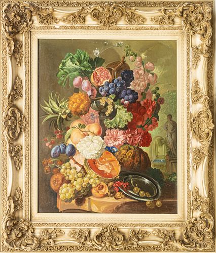 FREDERICK VICTOR  BAILEY  (BRITISH, 1919-1996)  OIL ON MASONITE H 24" W 20" STILL LIFE OF FRUIT AND FLOWERS 