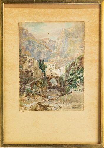 ROBERT CHARLES GUSTAVE LAURENS MOLS  (BELGIAN, 1848-1903) WATERCOLOR ON PAPER C.1886 H 14" W 10" A DRY RIVERBED IN THE ITALIAN ALPS 