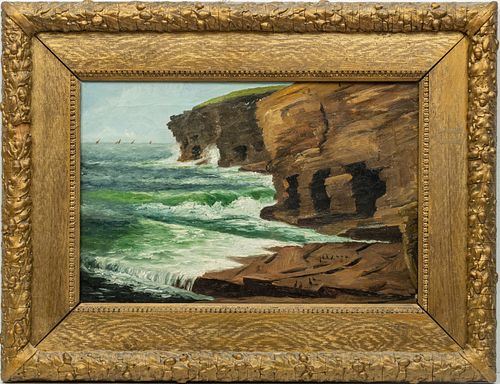 JOHN CHELTENHAM WAKE (BRITISH, 1858-1875) OIL ON CANVAS, H 12" W 18" COASTAL SCENE 
