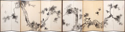 WILL PICK UP IN 1 WEEK 3/4/22 JW, JAPANESE HAND PAINTED SILK ON PAPER, 12 PANEL SCREEN, 18TH C., EACH PANEL: H 69", W 24" 