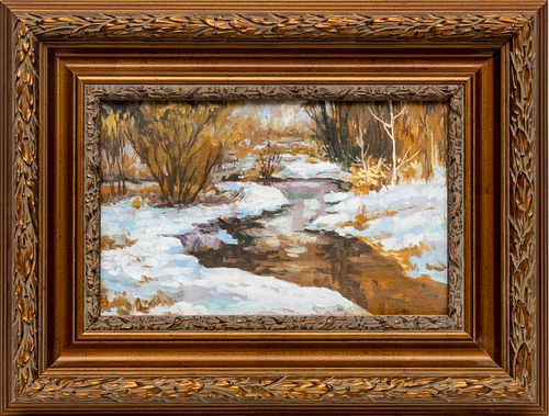 UNSIGNED OIL ON CANVAS, C 1970, H 7", W 11", WINTER LANDSCAPE 