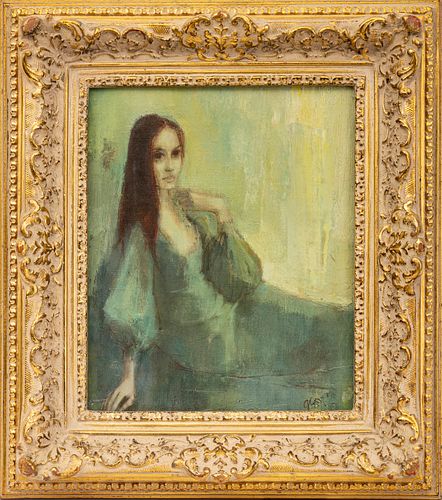 ILLEGIBLY SIGNED, OIL ON CANVAS, H 12", W 10", STUDY OF GIRL IN GREEN  