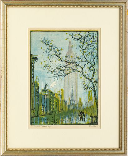 LEON LOUIS DOLICE (AUSTRIA, 1892-1960) WOODCUT IN COLORS ON PAPER, C. 1930, H 11.75", W 8.5", "EMPIRE STATE BUILDING" 