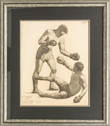 H. DURKEE REYNOLDS, CHARCOAL ON PAPER, 1933, H 22", W 18", TWO BOXERS 