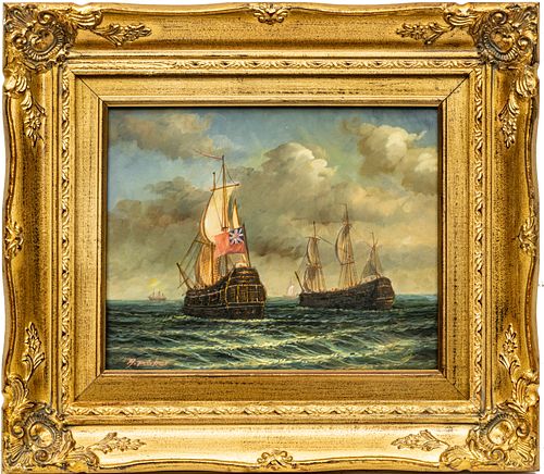 H. PARKER, OIL ON BOARD H 8" W 10" BRITISH SAILING SHIPS 