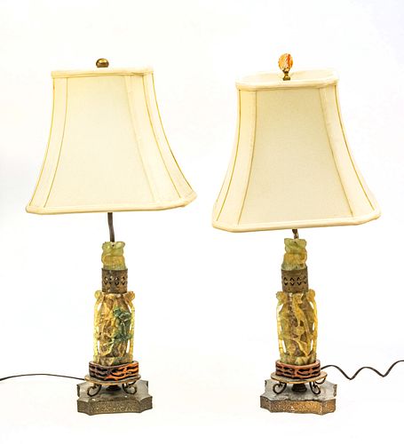 CHINESE JADE TABLE LAMPS, PAIR, H 26", W 6" 