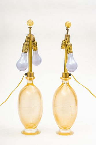 VENETIAN GLASS WITH GOLD FLAKES LAMPS, PAIR, H 26", DIA 6" 