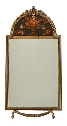 CARVED WOOD WITH PAINTED CREST MIRROR C 1930 H 42" W 21" 
