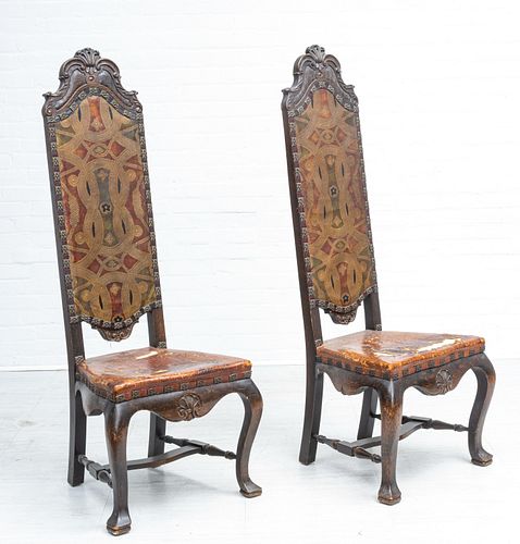 CARVED OAK SIDE CHAIRS, C. 1880, PAIR, H 58"