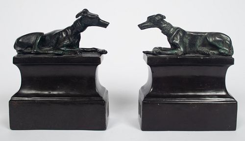 MAITLAND-SMITH BRONZE BOOKENDS, PAIR, H 7", L 5.5" RECUMBENT HOUNDS 