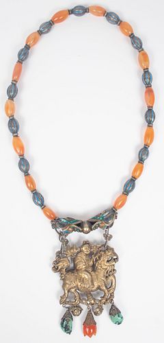 CHINESE UNMARKED SILVER & CARNELIAN NECKLACE, DIA 8.5", T.W. 5.53 TOZ 