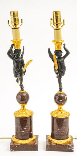 EMPIRE STYLE BRONZE & ROUGE MARBLE LAMPS, PAIR, H 33"