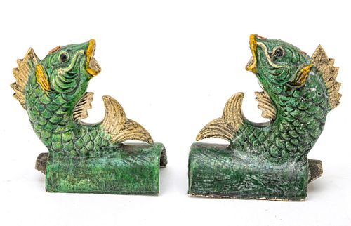 CHINESE GLAZED EARTHENWARE ROOF TILES, 19TH C, PAIR, H 7", L 6"