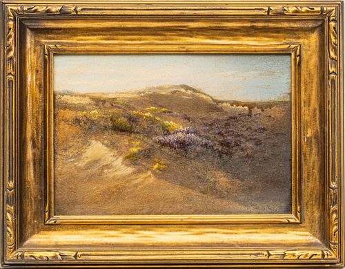 EVELYN ALMOND WITHROW (AMERICAN 1858-1928) OIL ON ARTIST BOARD, EARLY 20TH C., H 6.75", W 9.75", WILDFLOWERS IN A SEASIDE LANDSCAPE 