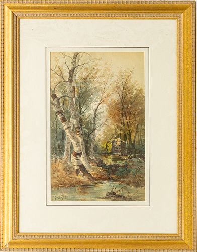 P. BUCKERS JR., WATERCOLOR ON PAPER, H 17.25" W 11" BIRCHES BY A WOODED STREAM 