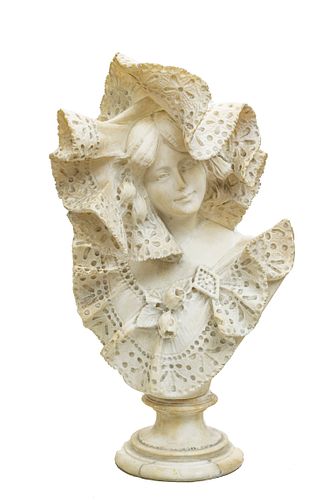 ITALIAN CARVED ALABASTER BUST, H 25", W 13.5", LADY WITH HAT 