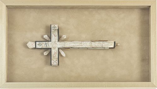 ITALIAN INCISED MOTHER OF PEARL CRUCIFIX, H 9", W 4.5" 