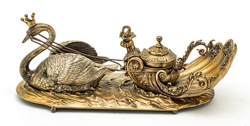 SILVER PLATE SWAN AND SHELL INKSTAND H 4" W 10" L 4" 