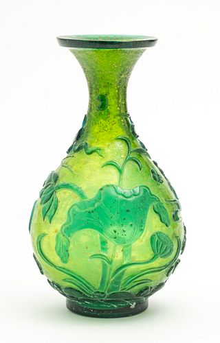 CHINESE GREEN GLASS VASE, H 10.75", DIA 6" 