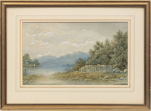 SIGNED G.A. WILLIAMS, WATERCOLOR ON PAPER, 1877, H 9 1/2", W 16", MOUNTAINOUS RIVER LANDSCAPE 