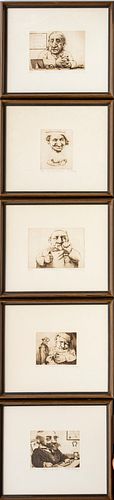 CHARLES BRAGG (AMERICAN, 1931) ETCHINGS IN PAPER, FIVE CARICATURES H 5" W 4-7", BRAIN SURGEON ETC. 