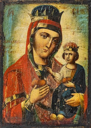 RUSSIAN OIL ON PANEL ICON, H 9.25", W 6.75", MADONNA & CHILD 
