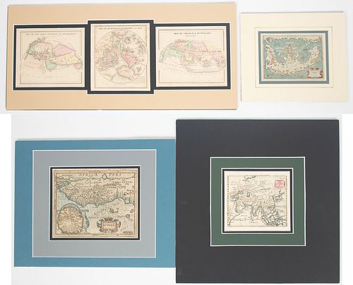 ANTIQUE HAND-COLORED ATLAS MAPS, ASIA, AFRICA, CORFU, FOUR PIECES, H 6", W 7 1/2" (LARGEST) 