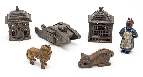 COLLECTORS  BANKS, LOT OF SIX, BLACK MAMMY-BAKER; AFRICAN LION 5.5"H.; MILITARY-TANK BANK 10"L. 1830 KITTEN PLAYING BALL, BUILDING (6) 