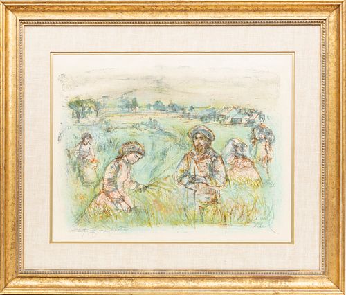 EDNA HIBEL LITHOGRAPH & PASTEL ON PAPER, H 16", W 21", FIELD LABORERS 