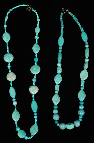 TURQUOISE AND ART GLASS NECKLACES, TWO L 28", 24" 