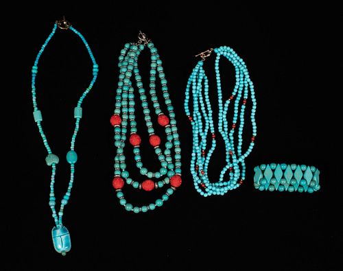 TURQUOISE BEAD NECKLACES (3) AND BRACELET L 26", 28" 