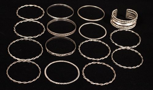 STERLING SILVER BANGLE (13) AND CUFF BRACELET 