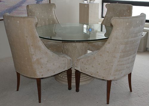 GLASS TOP ROUND TABLE, FOUR HEPPLEWHITE STYLE CHAIRS H 28" DIA 48" 