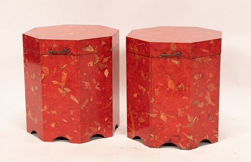 ASIAN RED LAQUER BOXES PAIR H 17" W 15" DIA 15" 