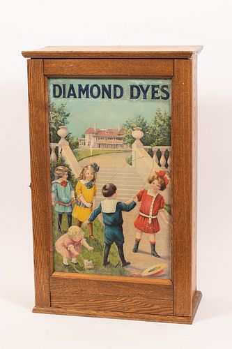 "DIAMOND DYES" TIN ADVERTISING PANEL IN CABINET C 1910, H 25" W 15" D 8" 