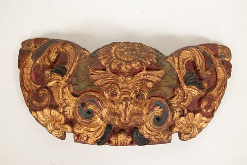 CHINESE CARVED AND POLYCHROME WALL ORNAMENT 19TH.C. H 8" W 16" 