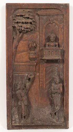 ENGLISH RELIEF CARVED  BEVELED OAK  PANEL 19TH.C. H 21" W 10.5" ROMEO, JULIET, AND SHAKESPEARE  