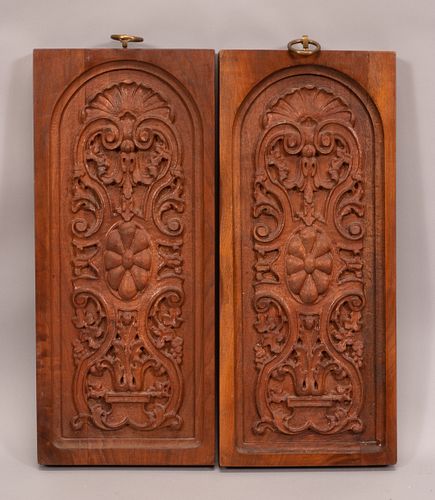 CARVED WALNUT WALL PANELS PAIR H 22" W 9.5" 