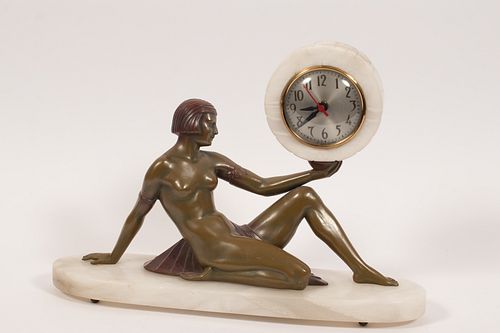 ART DECO SCULPTURE WITH SESSIONS CLOCK, H 11" L 16" RECLINING NUDE 