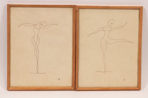 MONOGRAMMED E.A. PAIR OF LINE DRAWINGS, 1948 H 7-7.5" W 5.5-6.5" FEMALE BALLET DANCERS 