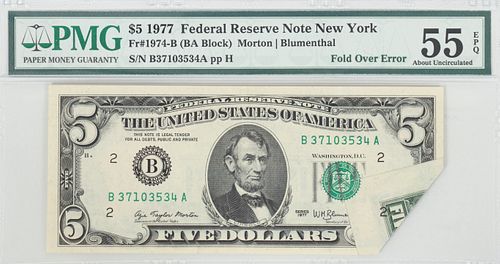 CHECK IF FOUND U.S. $5.DOLLAR FEDERAL RESERVE LINCOLN NOTE CERTIFIED,  FOLDOVER ERROR #2 1977 (1) H 6" W 9" 