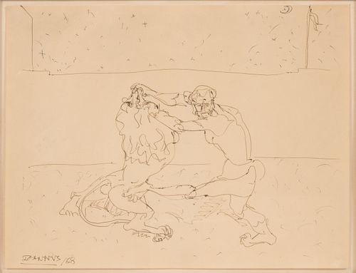 JOHN GRAHAM (AMERICAN, 1886–1961) PEN ON WOVE PAPER, 1958 H 9.375" W 12.25" UNTITLED (DANIEL AND THE LION) 