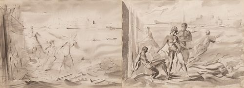 REGINALD MARSH (AMERICAN, 1898–1954) BLACK INK AND GRAY WASH, ON WOVE PAPER, 1951 H 21.75" W 30" BATHERS SWIMMING OFF A PIER: A DOUBLE-SIDED DRAWING 