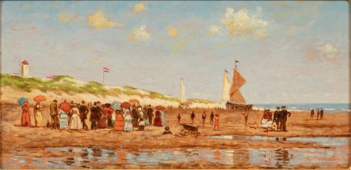 CORNELIS KOPPENOL (DUTCH, 1865-46), OIL ON MAHOGANY PANEL, H 8",16", BEACH SCENE 