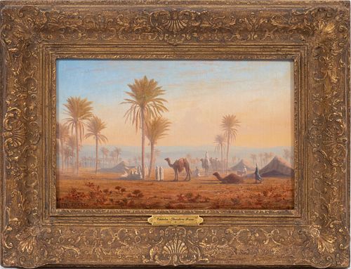 CHARLES THÉODORE (FRÈRE BEY)  FRÈRE (FRENCH, 1814–1888) OIL ON BEVELED MAHOGANY PANEL H 9" W 14" AN OASIS ENCAMPMENT 
