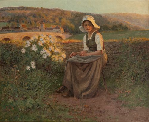 JEAN BEAUDUIN, BELGIUM 1851 - 16, OIL ON CANVAS, H 24" W 29" YOUNG LADY BY GARDEN WALL 