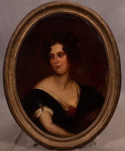 AMERICAN  EARLY TO MID 19TH C. CENTURY PORTRAIT OF A WOMAN OIL ON CANVAS, H 31" W 23" 
