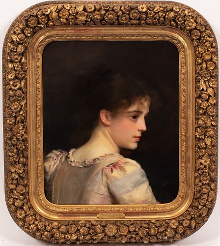 GUSTAVE JEAN JACQUET (FRENCH, 1846-1909) OIL ON CANVAS 1879 H 17 1/2" W 14 1/2" YOUNG BEAUTY IN A SILK DRESS 