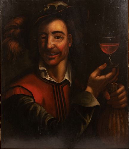 MANNER OF CARAVAGGIO (ITALY, 1571-10), TEMPERA ON PANEL, H 24", W 21", "THE JOLLY TOPER" 