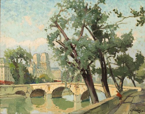 CONSTANTIN  KLUGE (FRENCH, 1912–2003) OIL ON CANVAS H 30" W 38" NOTRE DAME FROM PONT SAINT-MICHEL 